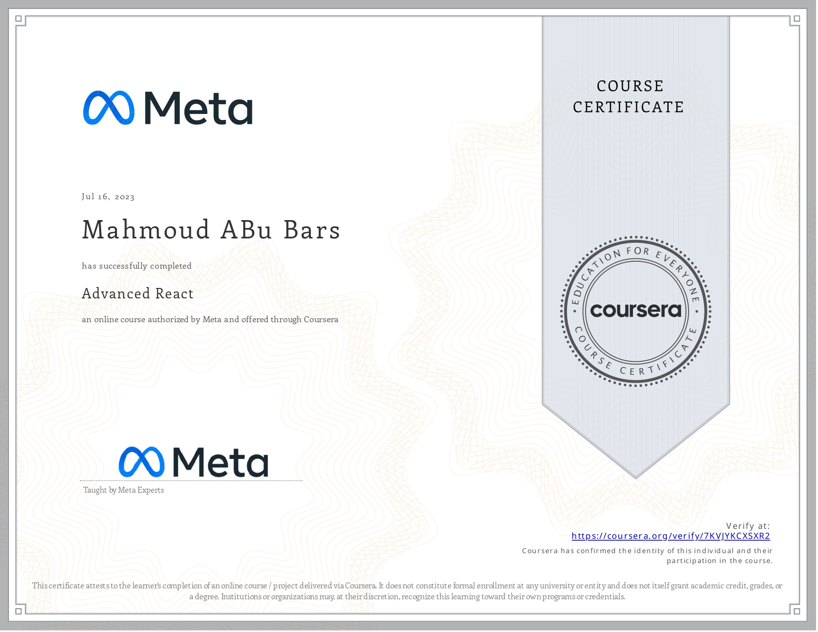 Advanced React certificate