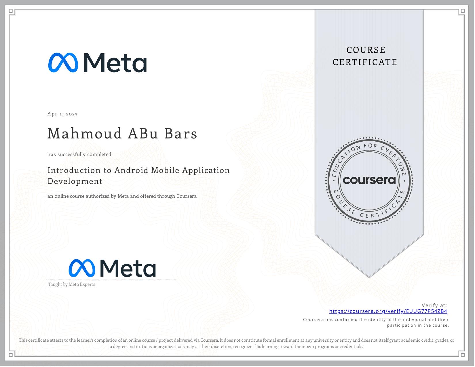 Introduction to Android Mobile Application Development certificate