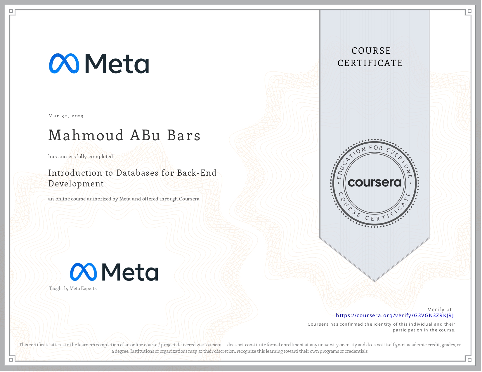 Introduction to Databases for Back-End Development certificate