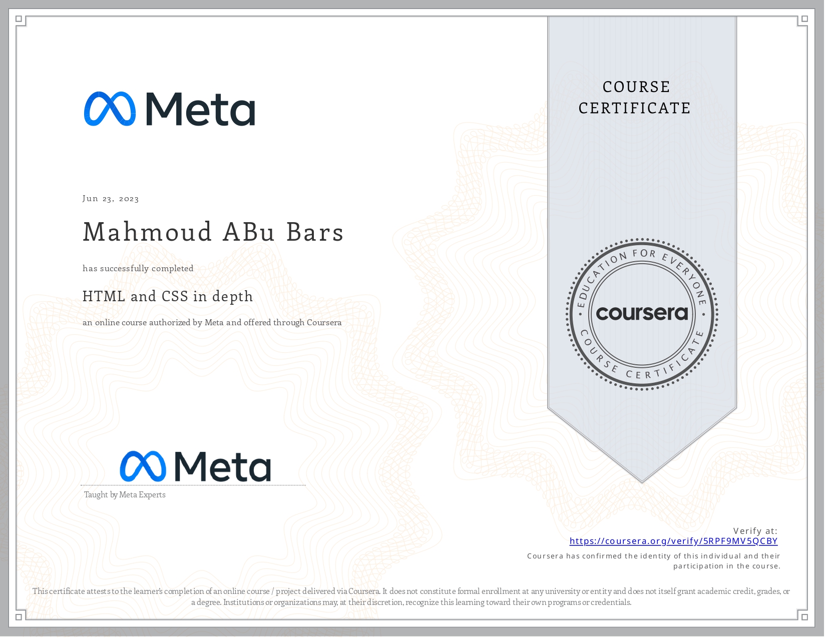 HTML and CSS in Depth certificate
