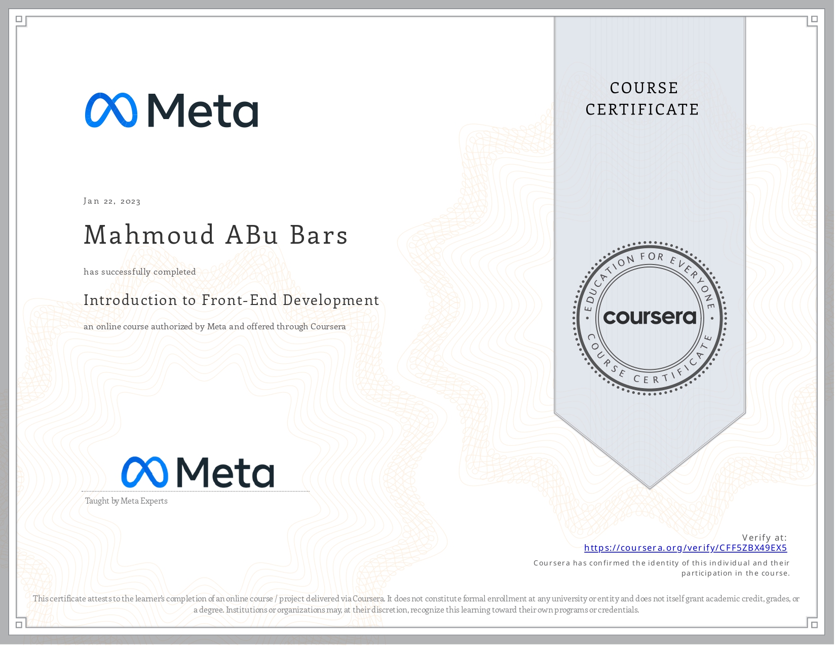 Introduction to Front-End Development certificate