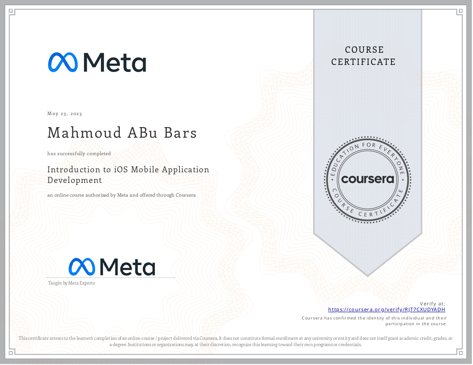 Introduction to iOS Mobile Application Development certificate